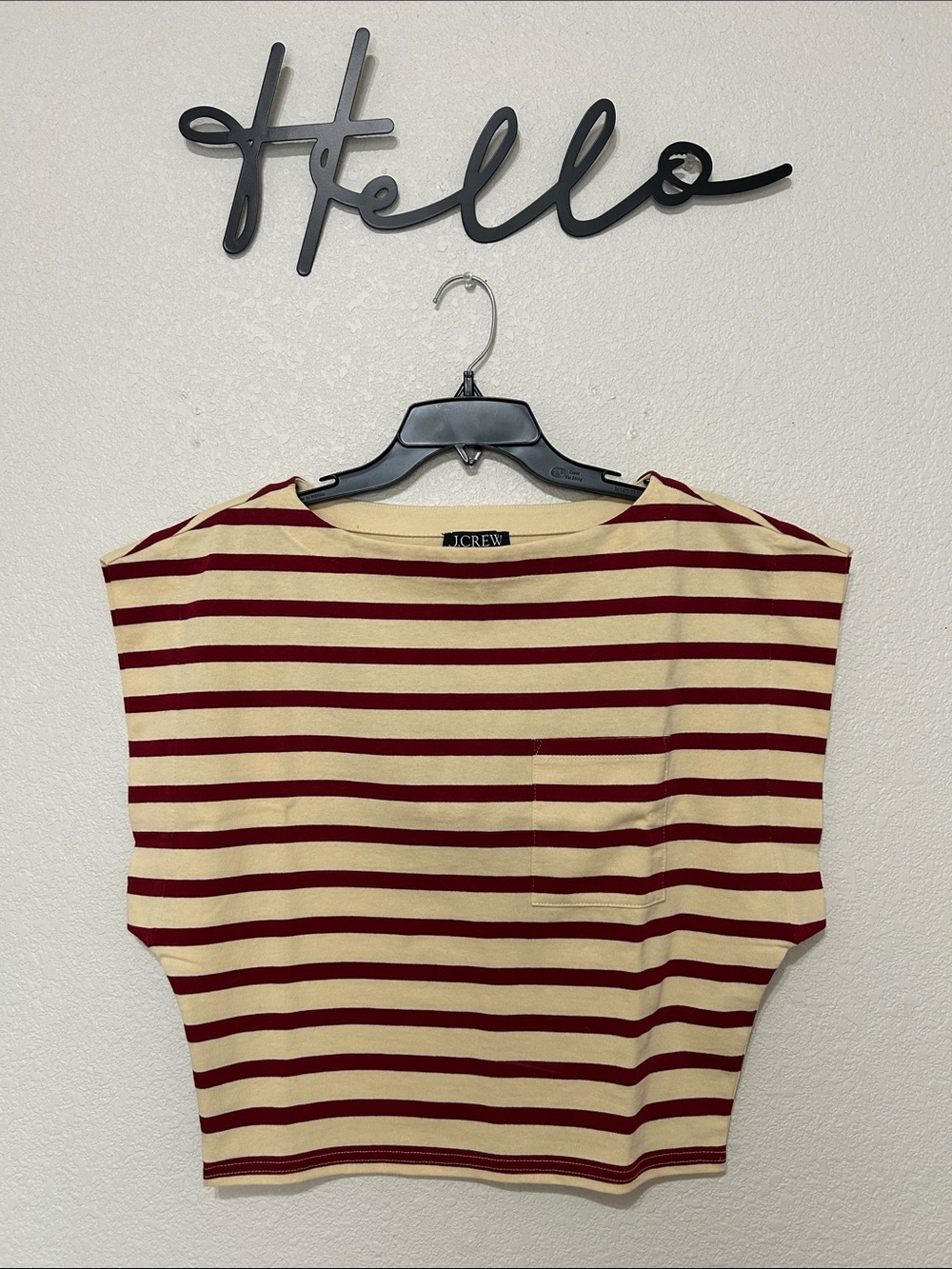 J. Crew Cream and Burgundy Striped Boatneck Tee